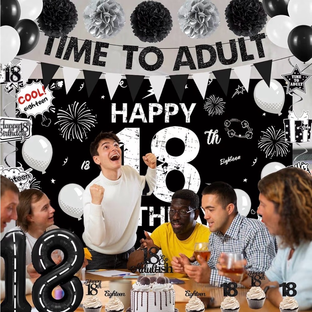 18th Bday Decorations. Time To Adult. Banners, Cake Toppers, Balloon, Streamers, - Picture 2 of 7